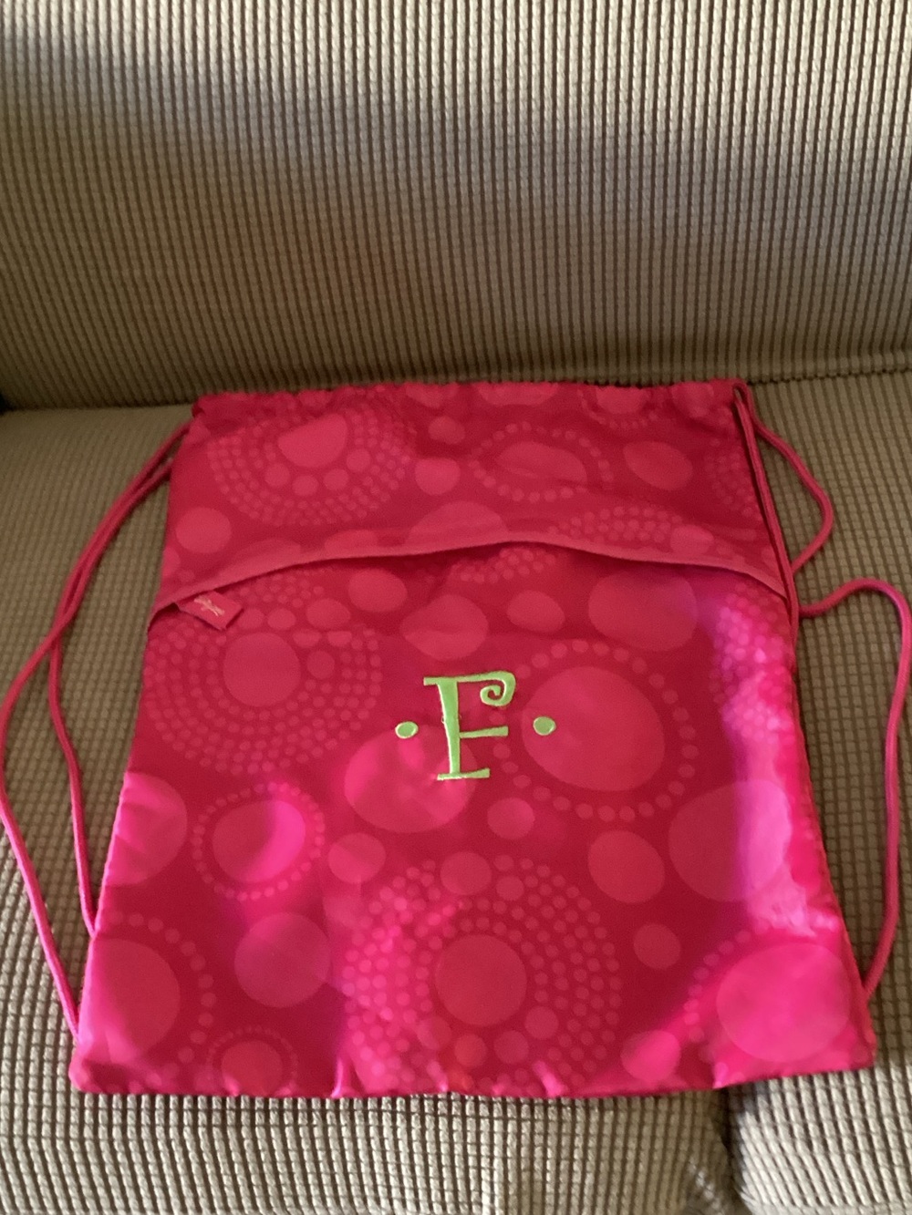 thirty-one Hot Pink Drawstring Backpack with Green Monogram